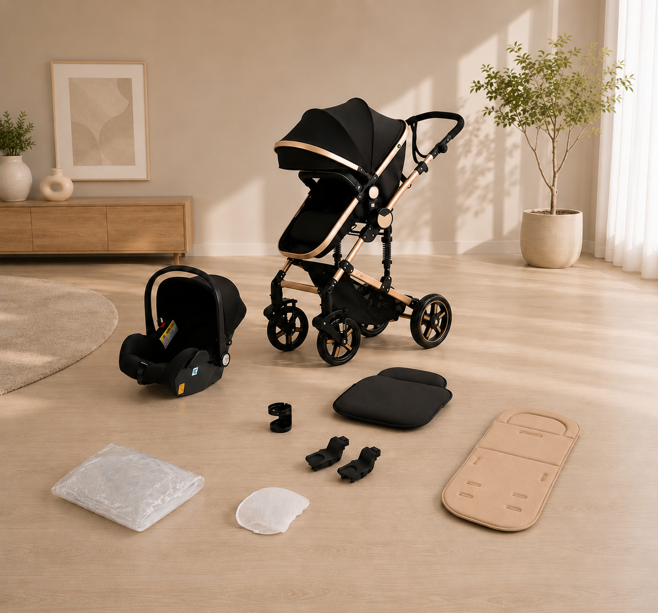 3in1 Kinderwagen Set hoch, Buggy klappbar mit Zubehör & Wendbarem Sitz Schwarzgold