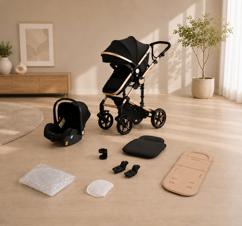 3in1 Kinderwagen Set hoch, Buggy klappbar mit Zubehör & Wendbarem Sitz Schwarzgold