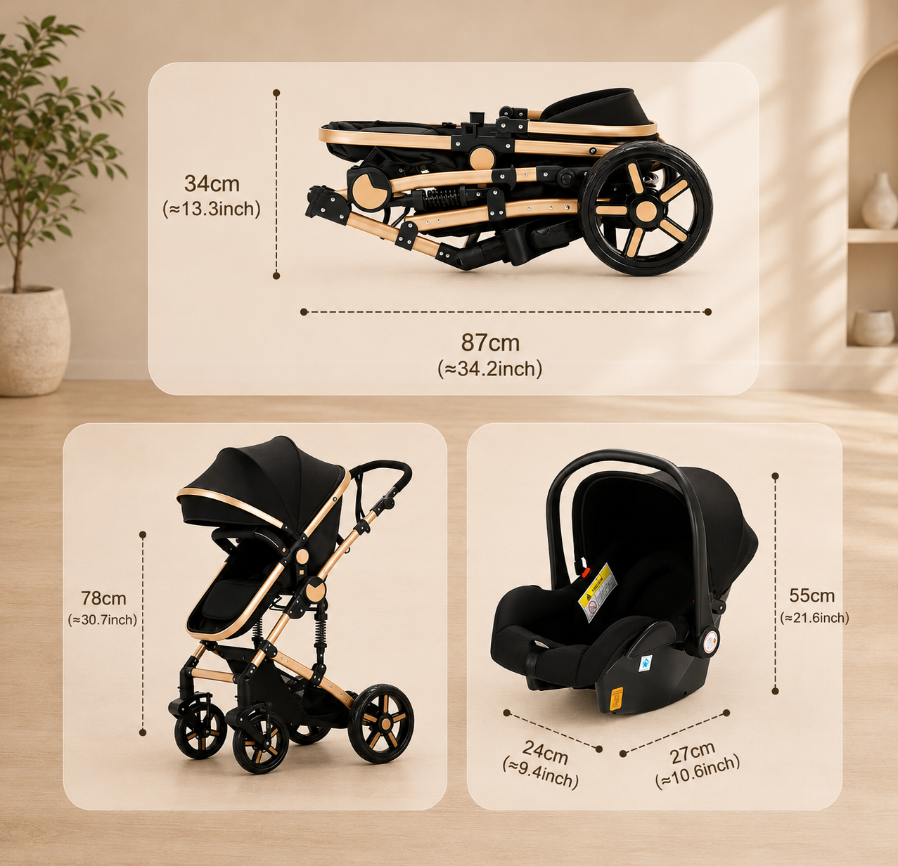 3in1 Kinderwagen Set hoch, Buggy klappbar mit Zubehör & Wendbarem Sitz braun