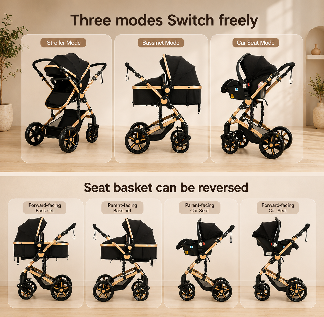3in1 Kinderwagen Set hoch, Buggy klappbar mit Zubehör & Wendbarem Sitz braun