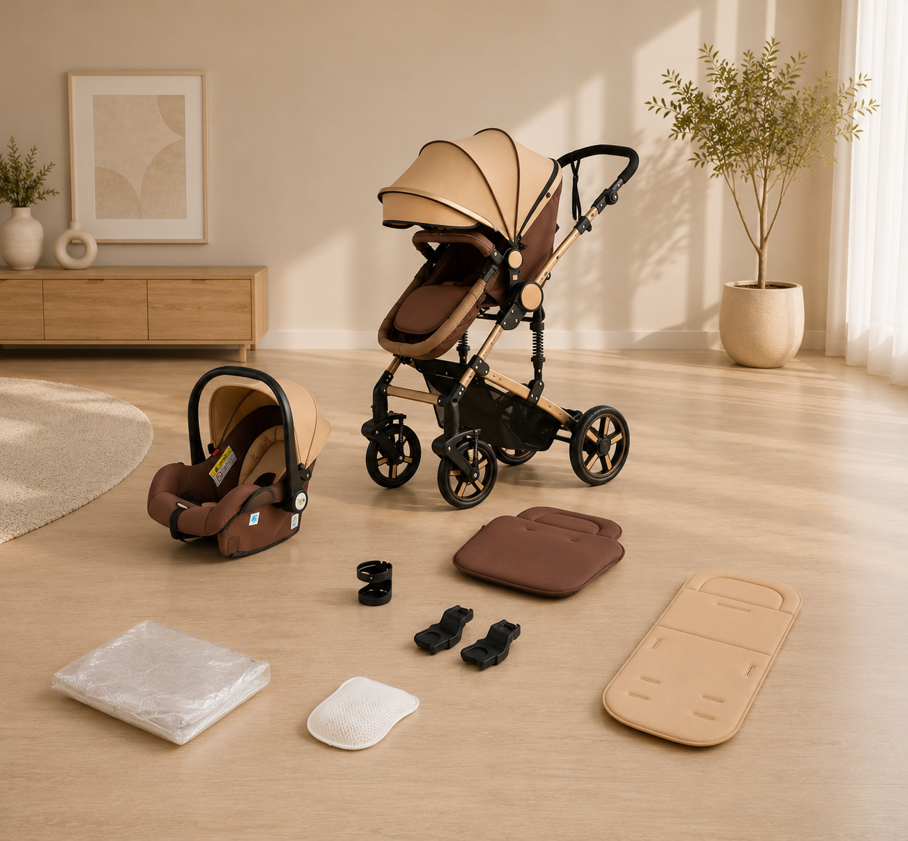 3in1 Kinderwagen Set hoch, Buggy klappbar mit Zubehör & Wendbarem Sitz braun