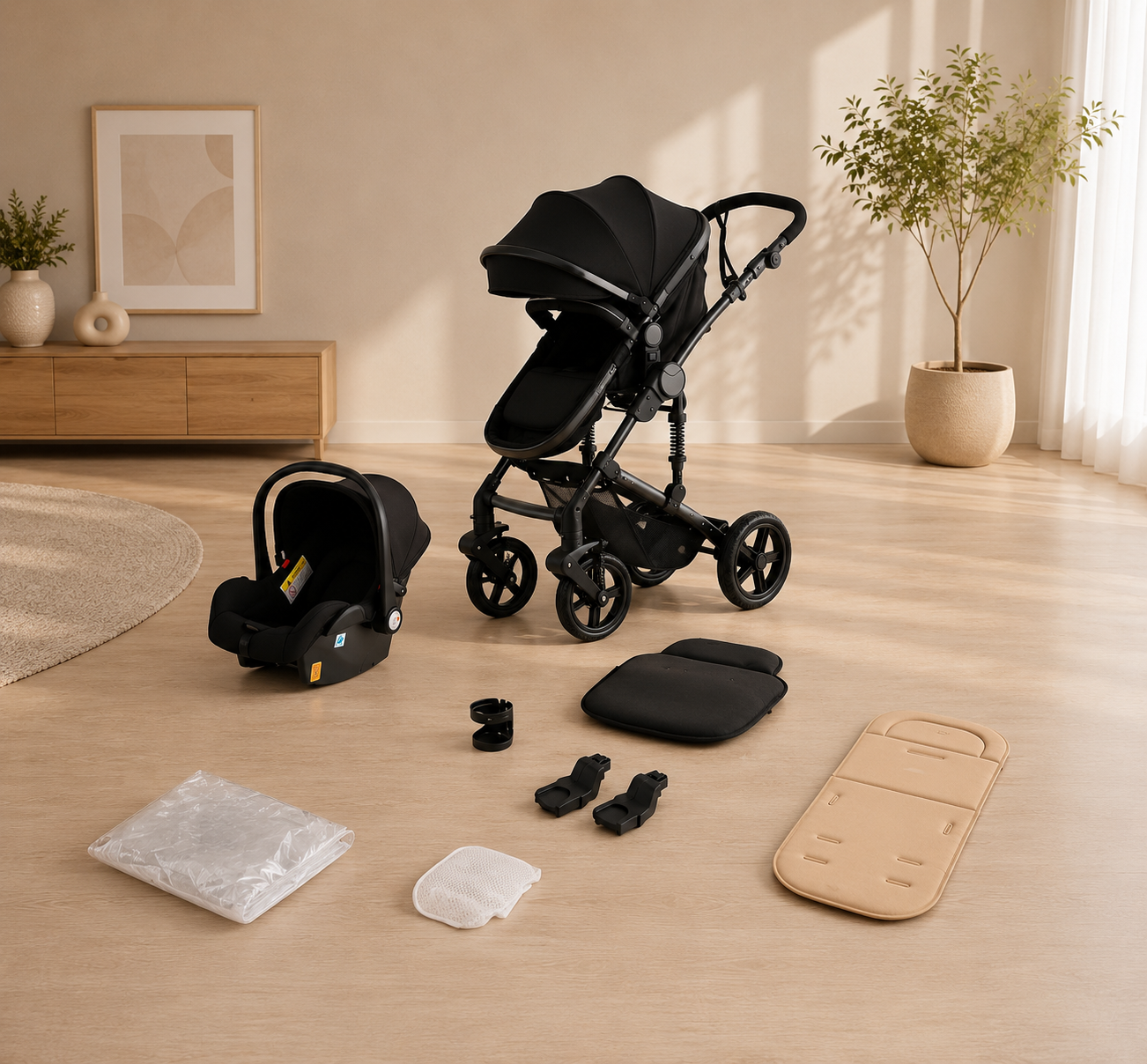 3in1 Kinderwagen Set – Wendbarer, klappbarer Buggy mit Zubehör (Schwarz)