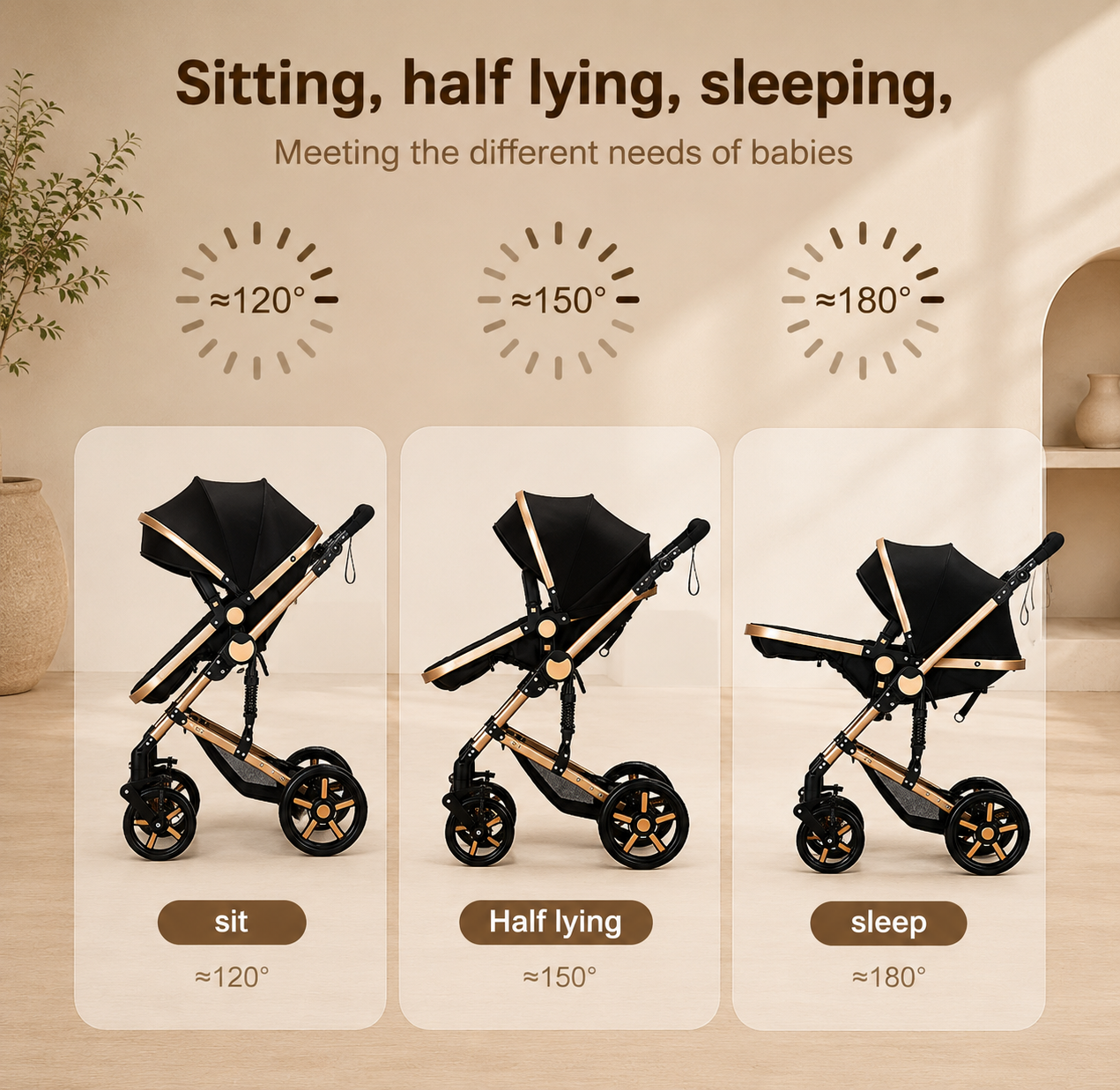 3in1 Kinderwagen Set hoch, Buggy klappbar mit Zubehör & Wendbarem Sitz braun